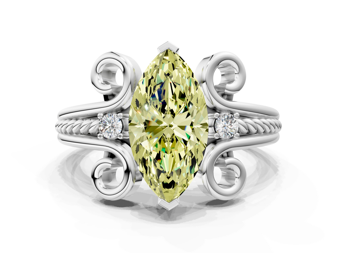 White gold Fancy Yellow Marquise  Solitaire Twisted Band Scroll Prong Ring_34