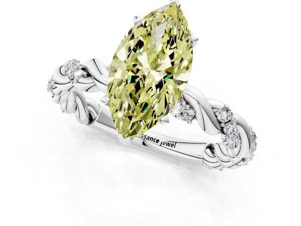 White gold Fancy Yellow Marquise Cut Diamond Solitaire Ring with Twisted Band and Pavé Accents
