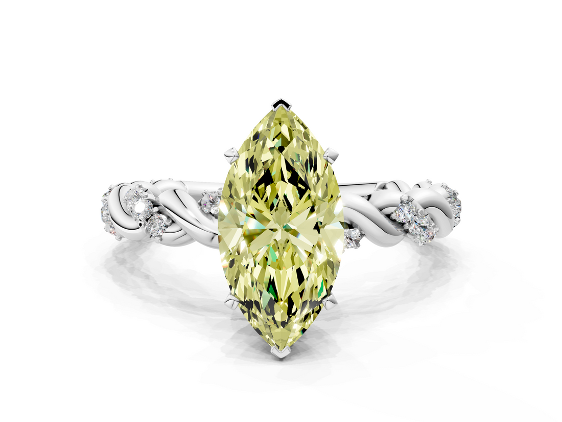 White gold Fancy Yellow Marquise  Solitaire Twisted Band with Pavé Accents and Four-Prong Setting