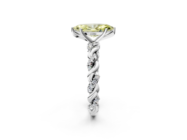 White gold Fancy Yellow Marquise Cut Diamond Solitaire Ring with Twisted Band and Pavé Accents