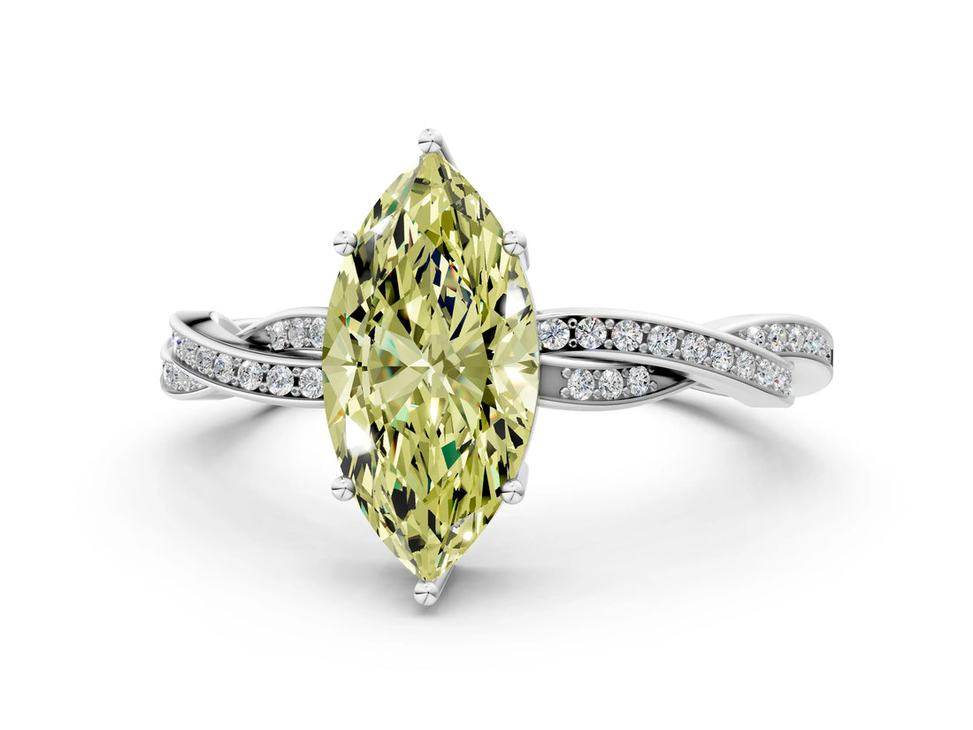 White gold Fancy Yellow Marquise  Solitaire Twisted Pave Diamond Ring with Four-Prong Setting_12