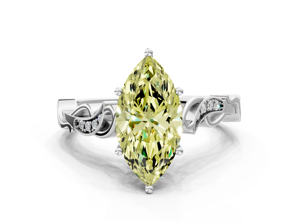 Platinum Fancy Yellow Marquise  Solitaire Vine Band with Milgrain Prong Setting
