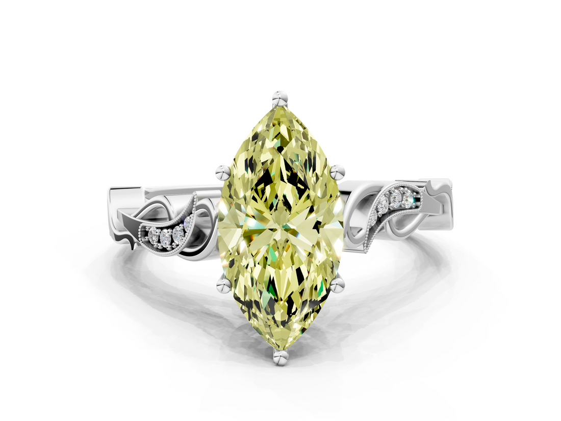 White gold Fancy Yellow Marquise  Solitaire Vine Band with Milgrain Prong Setting_3