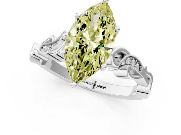 Platinum Fancy Yellow Marquise  Solitaire Vine Band with Milgrain Prong Setting