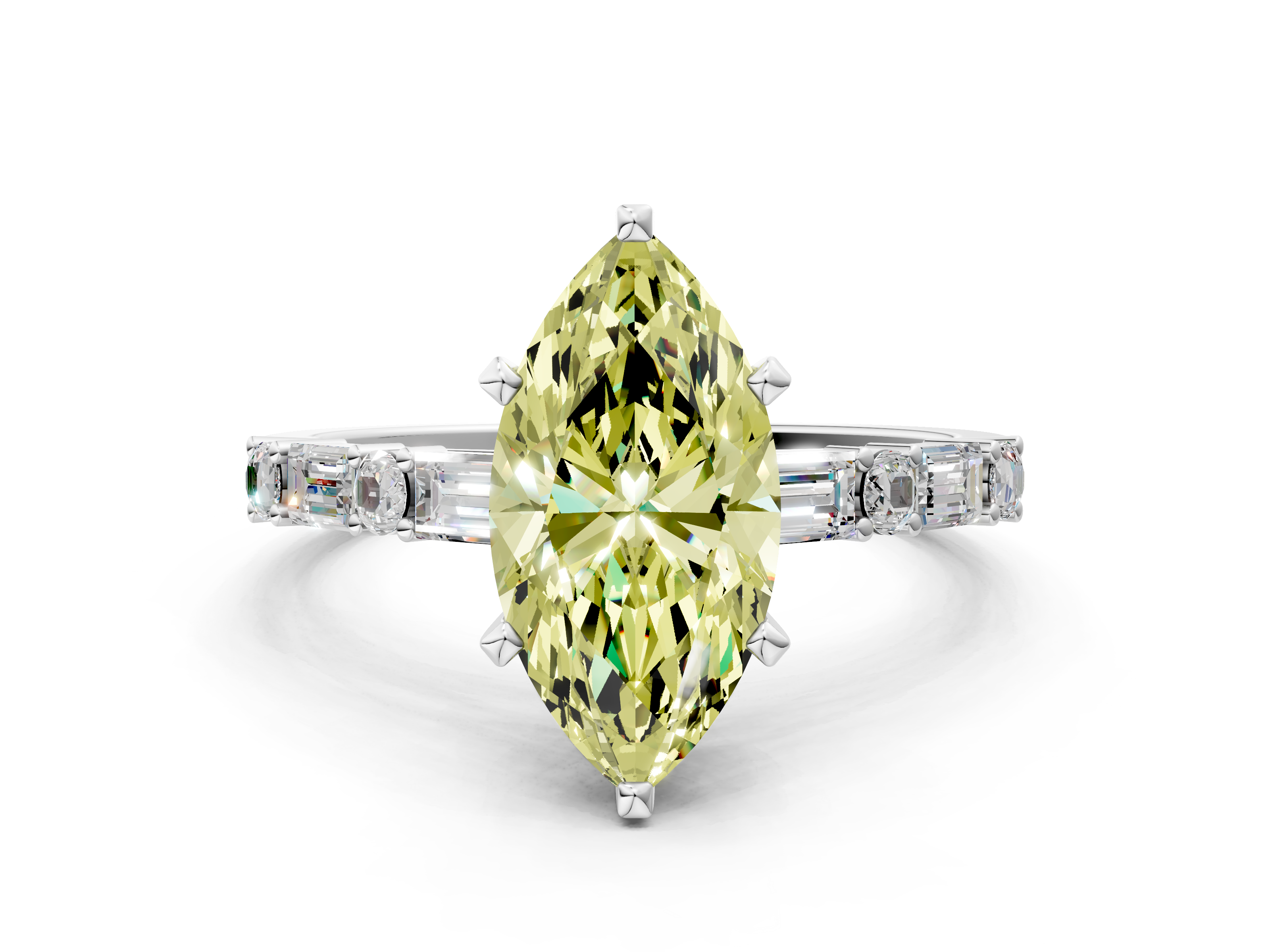 Platinum Fancy Yellow Marquise Solitaire with Side Baguettes and Chann