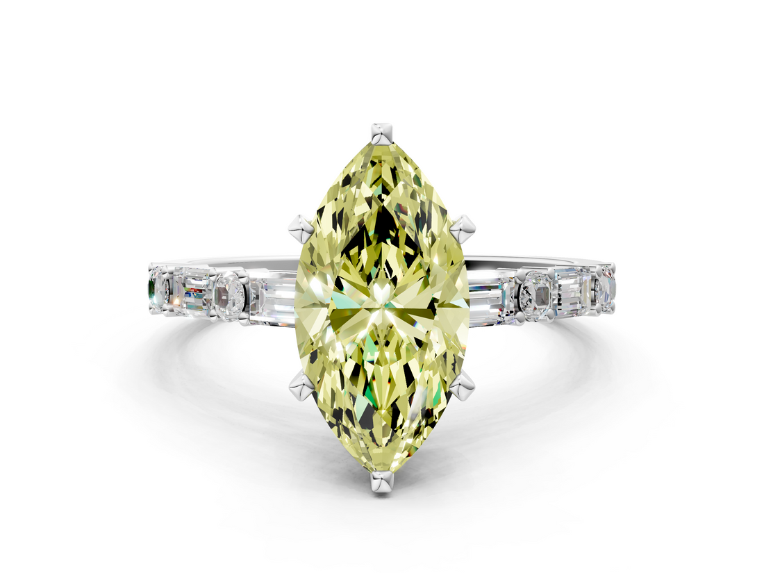 White gold Fancy Yellow Marquise  Solitaire with Side Baguettes and Channel Set Band