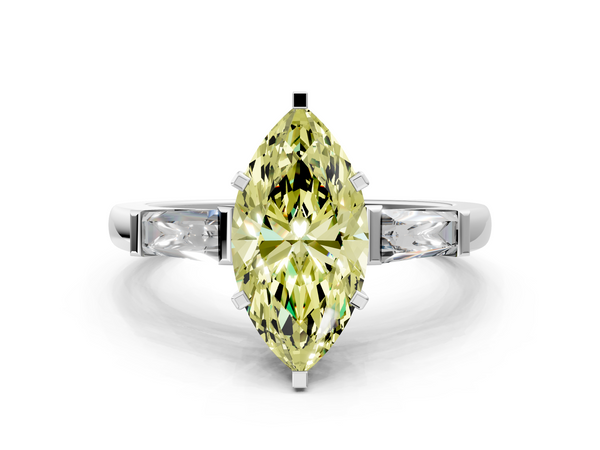 Platinum Fancy Yellow Marquise  Solitaire with Tapered Baguette Side Stones on a Classic Band with Four-Prong Setting