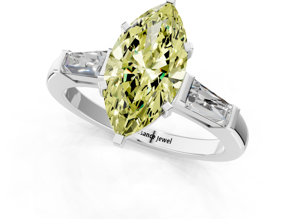 Platinum Fancy Yellow Marquise  Solitaire with Tapered Baguette Side Stones on a Classic Band with Four-Prong Setting
