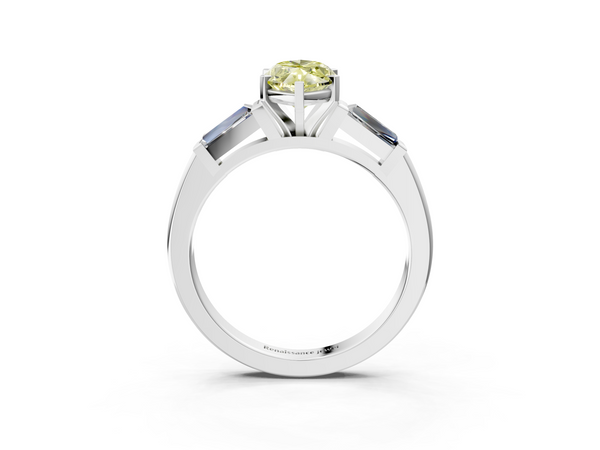 Platinum Fancy Yellow Marquise  Solitaire with Tapered Baguette Side Stones on a Classic Band with Four-Prong Setting