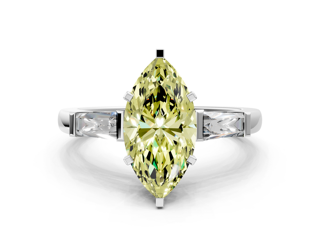 White gold Fancy Yellow Marquise  Solitaire with Tapered Baguette Side Stones on a Classic Band with Four-Prong Setting