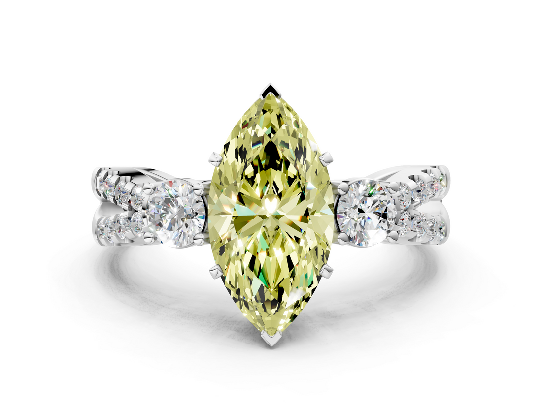 White gold Fancy Yellow Marquise  Three-Stone Diamond Ring with Pavé Split Shank and Four-Prong Setting_18