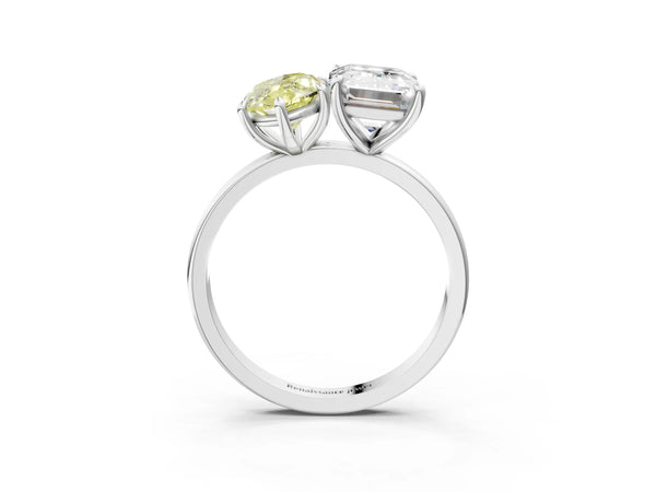 Platinum Fancy Yellow Marquise  and Emerald Cut Toi Moi Ring with Prong Setting