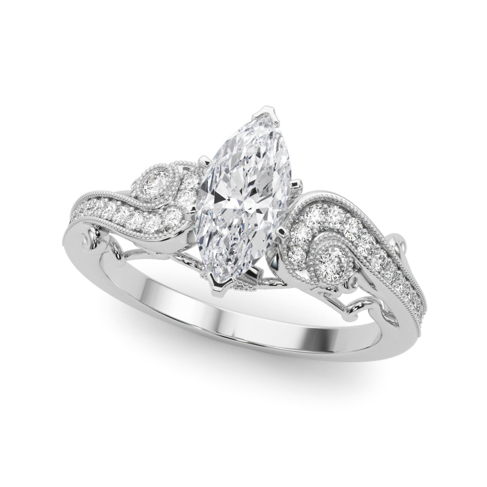White gold Fancy Yellow Marquise cut Solitaire with Milgrain Pave Band and Four-Prong Setting