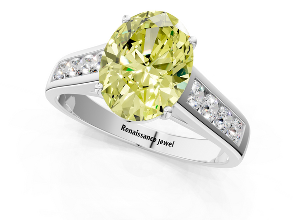 Platinum Fancy Yellow Oval  Brilliant Channel-Set Solitaire Ring with Four-Prong Setting