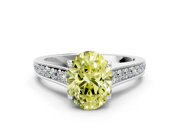 Platinum Fancy Yellow Oval  Brilliant Cut Diamond Engagement Ring with Pavé Band and Four-Prong Setting