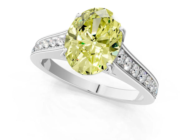 Platinum Fancy Yellow Oval  Brilliant Cut Diamond Engagement Ring with Pavé Band and Four-Prong Setting