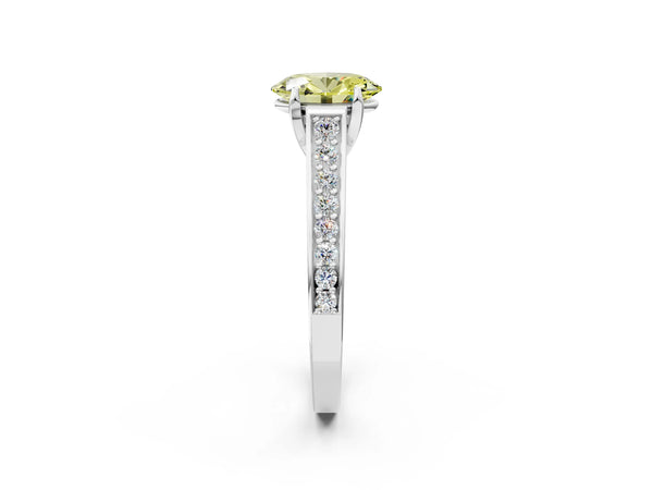 Platinum Fancy Yellow Oval  Brilliant Cut Diamond Engagement Ring with Pavé Band and Four-Prong Setting