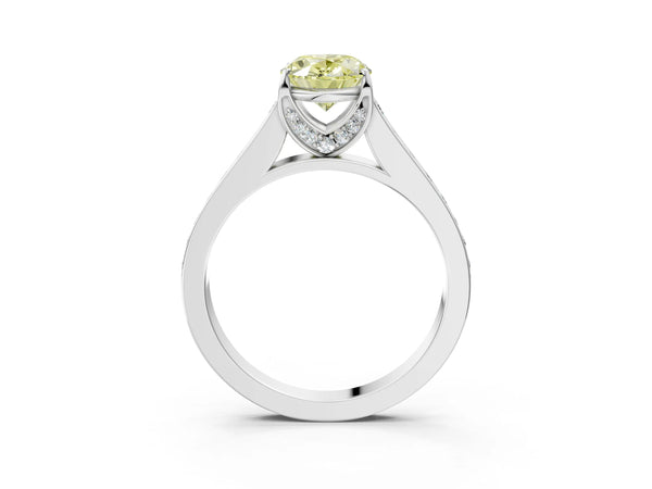 Platinum Fancy Yellow Oval  Brilliant Cut Diamond Engagement Ring with Pavé Band and Four-Prong Setting