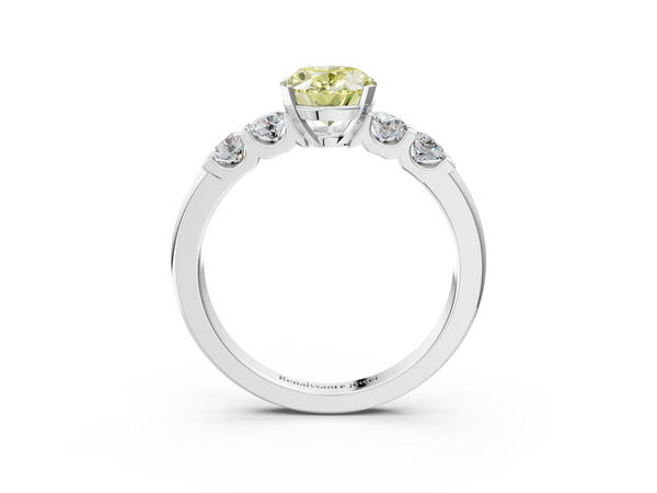 White gold Fancy Yellow Oval  Brilliant Cut Diamond Five-Stone Prong Set Engagement Ring with Channel Band