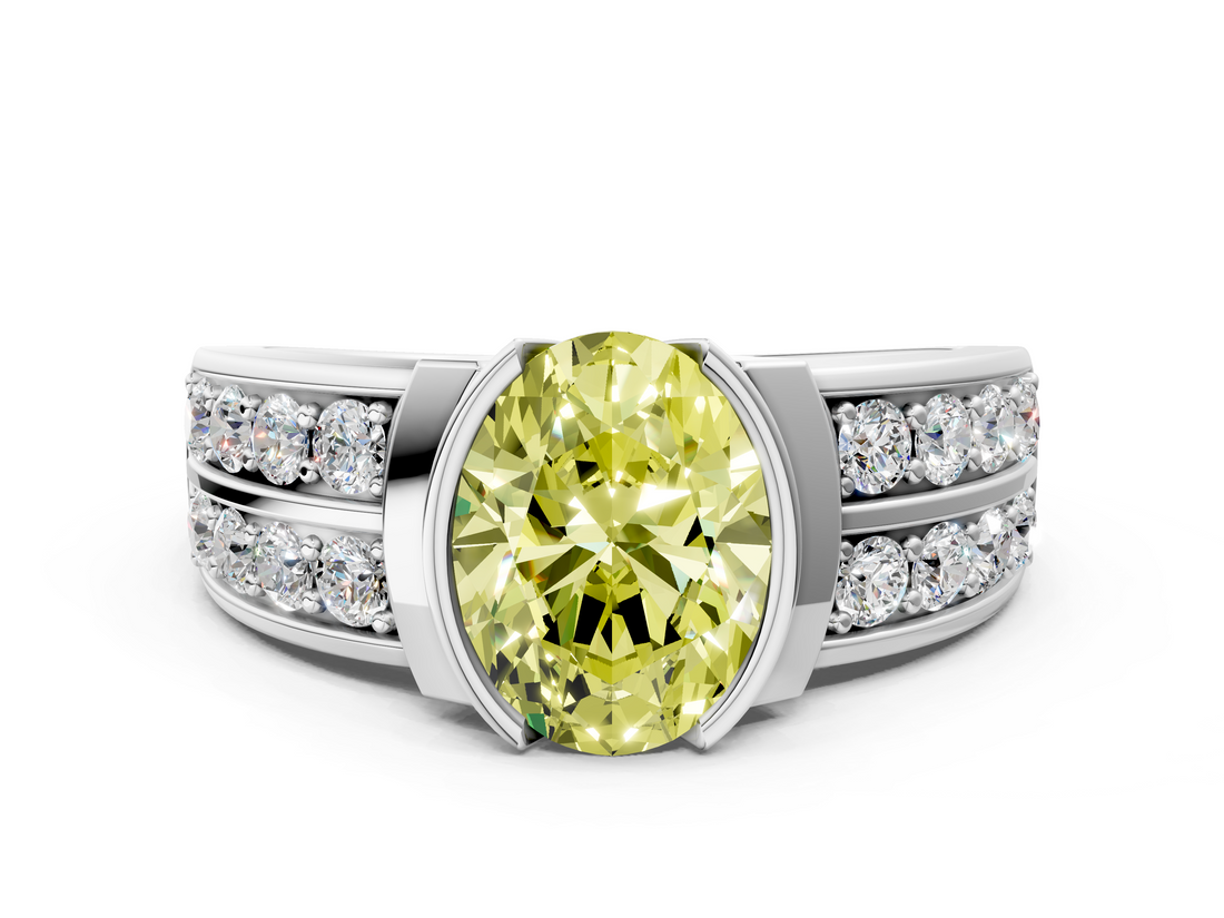 White gold Fancy Yellow Oval  Brilliant Diamond Channel Set Wide Band Ring with Bezel Setting_55