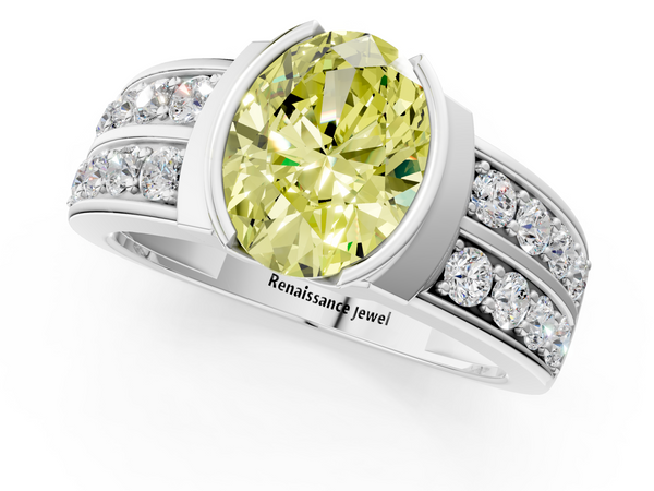 Platinum Fancy Yellow Oval  Brilliant Diamond Channel Set Wide Band Ring with Bezel Setting