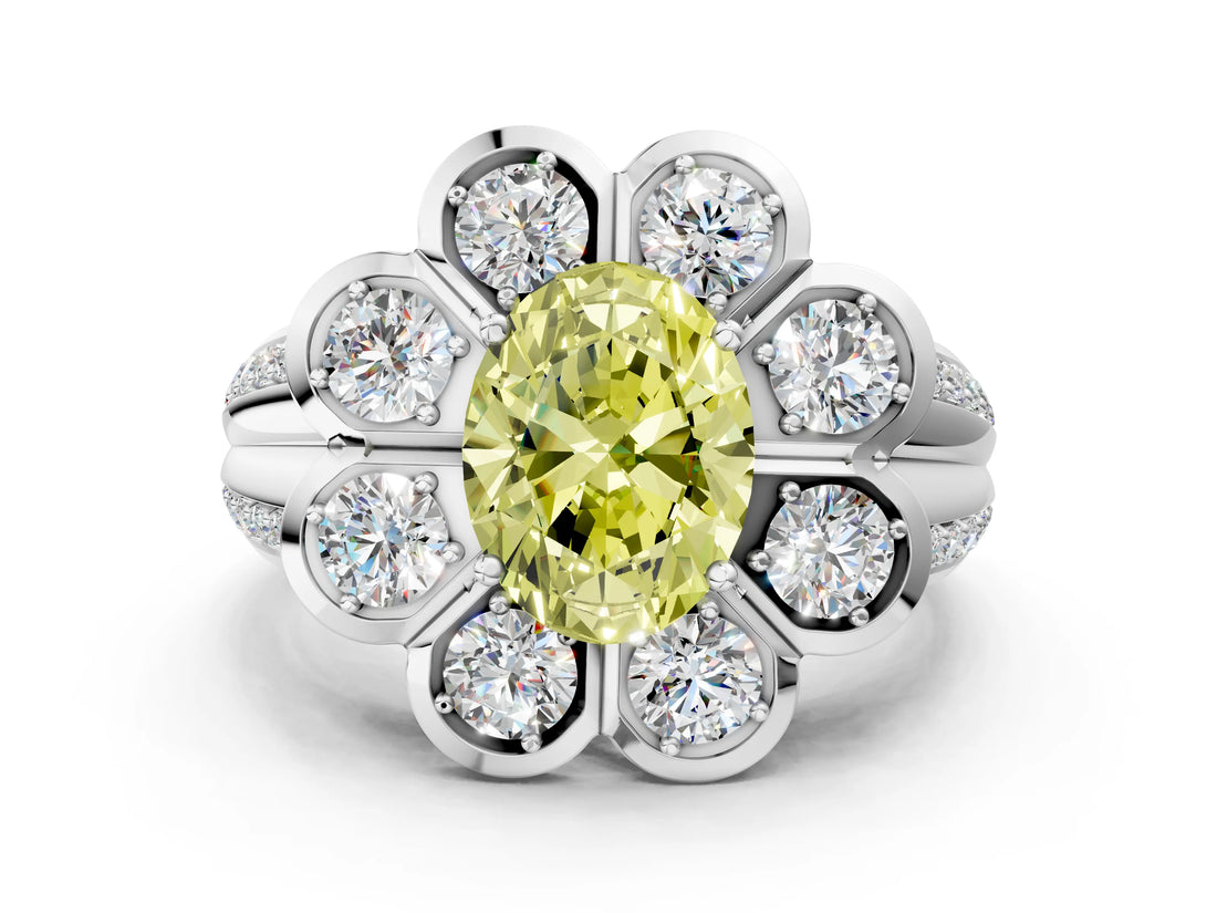 White gold Fancy Yellow Oval  Brilliant Flower Halo Diamond Split Shank Ring_88