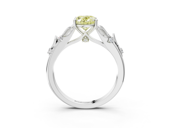 Platinum Fancy Yellow Oval Cut Diamond Solitaire Ring with Leaf Motif Band and Four-Prong Setting