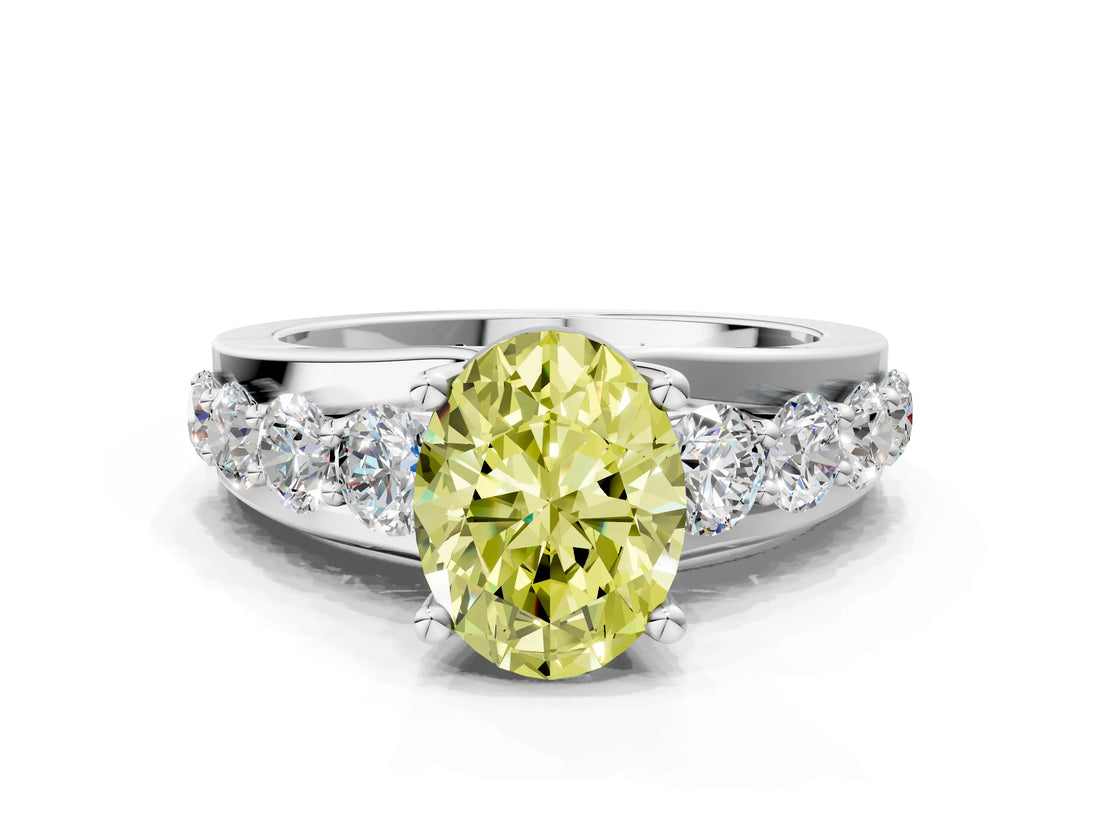 White gold Fancy Yellow Oval  Brilliant Solitaire with Side Stones on a Pave Band and Four-Prong Setting_61
