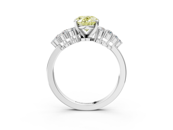 White gold Fancy Yellow Oval  Cluster Diamond Engagement Ring with Pavé Band and Four-Prong Setting