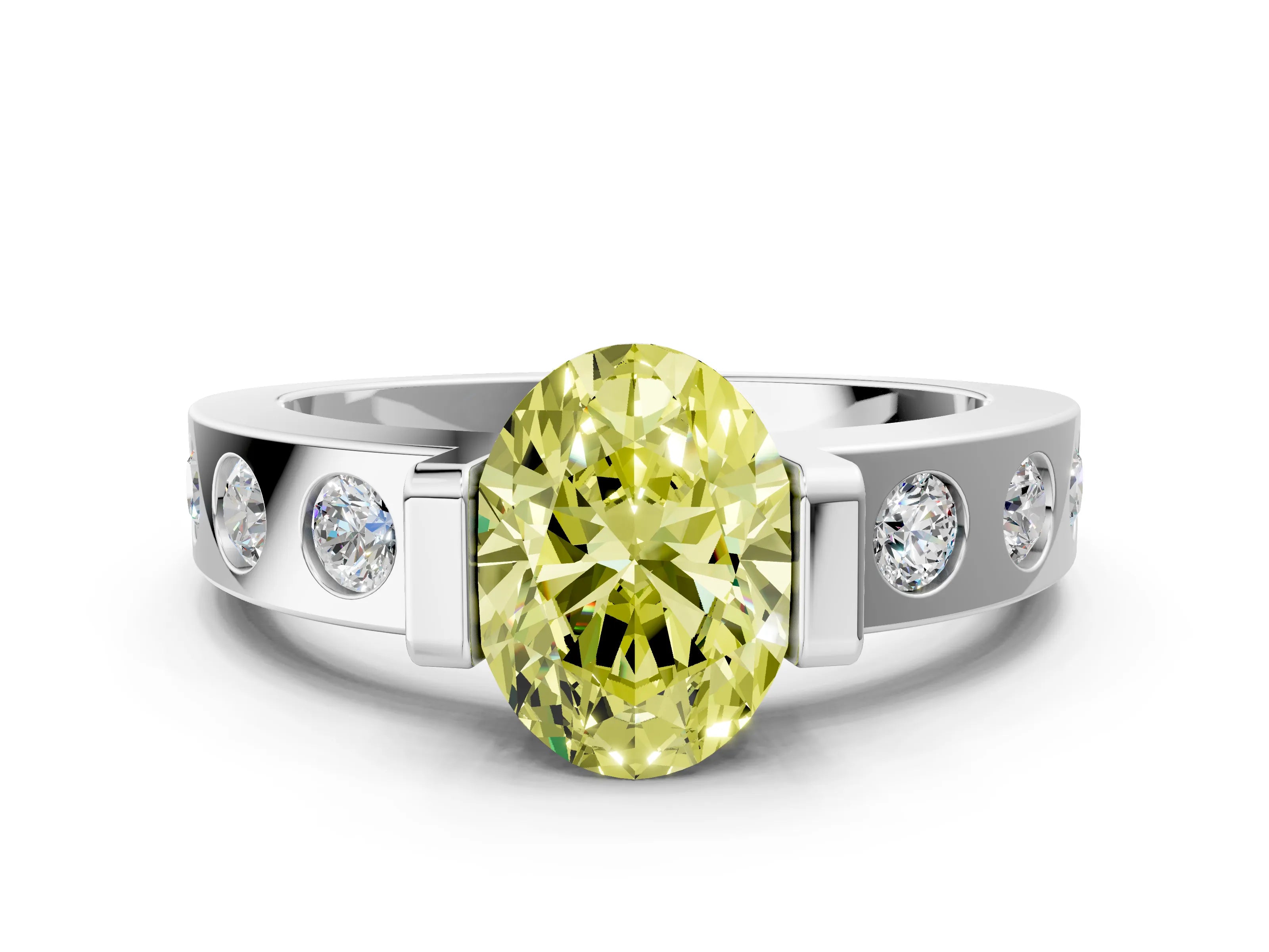 White gold Fancy Yellow Oval Cut Brilliant Channel-Set Diamond Ring with Bezel Prong Setting