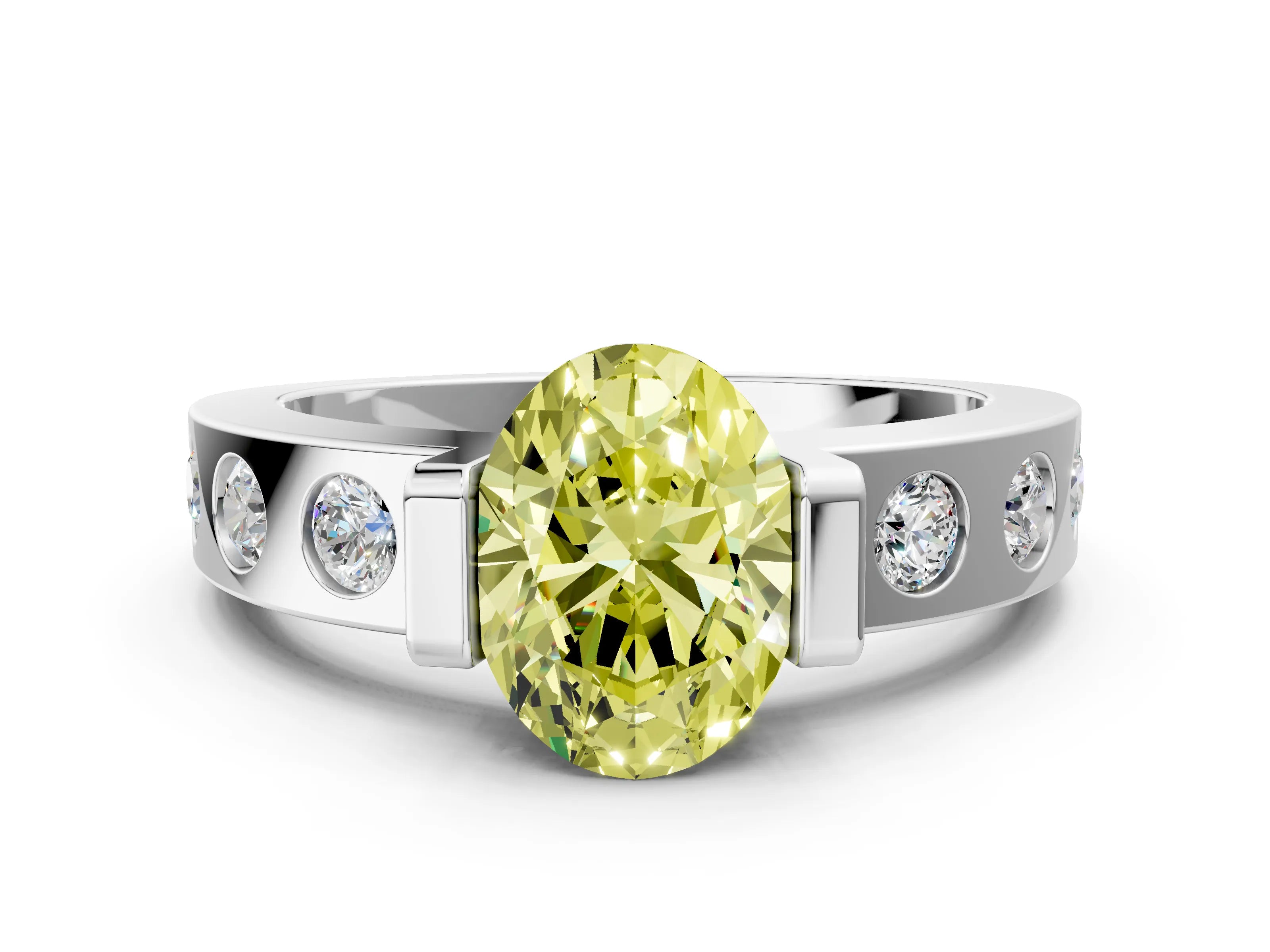 White gold Fancy Yellow Oval Cut Brilliant Channel-Set Diamond Ring with Bezel Prong Setting