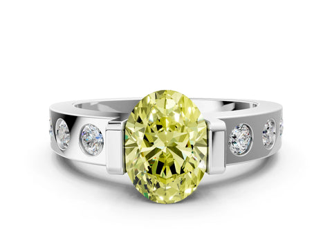 White gold Fancy Yellow Oval Cut Brilliant Channel-Set Diamond Ring with Bezel Prong Setting
