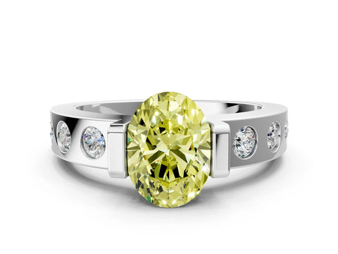 White gold Fancy Yellow Oval Cut Brilliant Channel-Set Diamond Ring with Bezel Prong Setting
