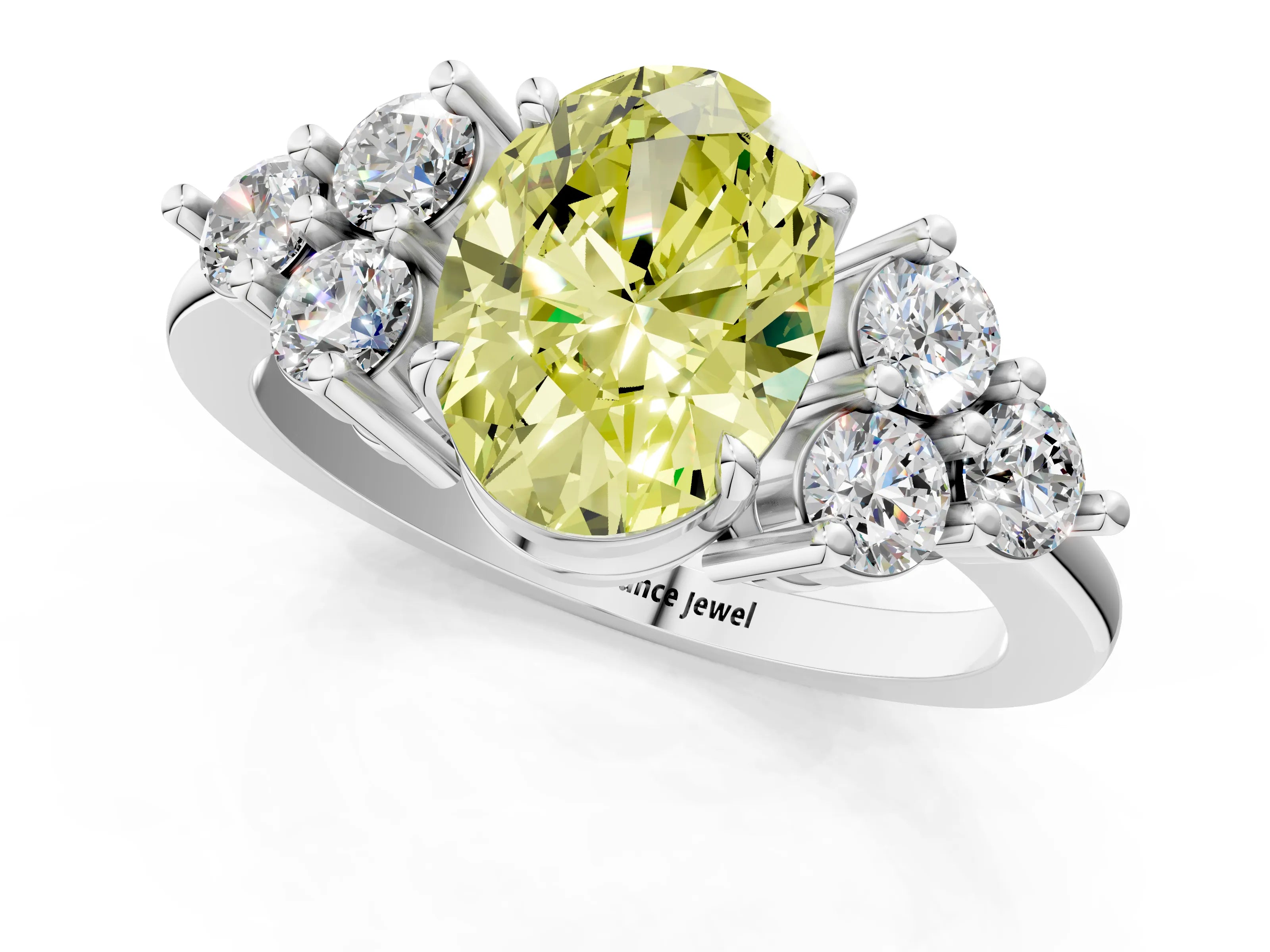 White gold Fancy Yellow Oval Cut Brilliant Diamond Cluster Accent Solitaire Ring with Prong Setting_1