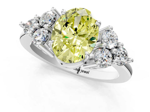White gold Fancy Yellow Oval Cut Brilliant Diamond Cluster Accent Solitaire Ring with Prong Setting_1