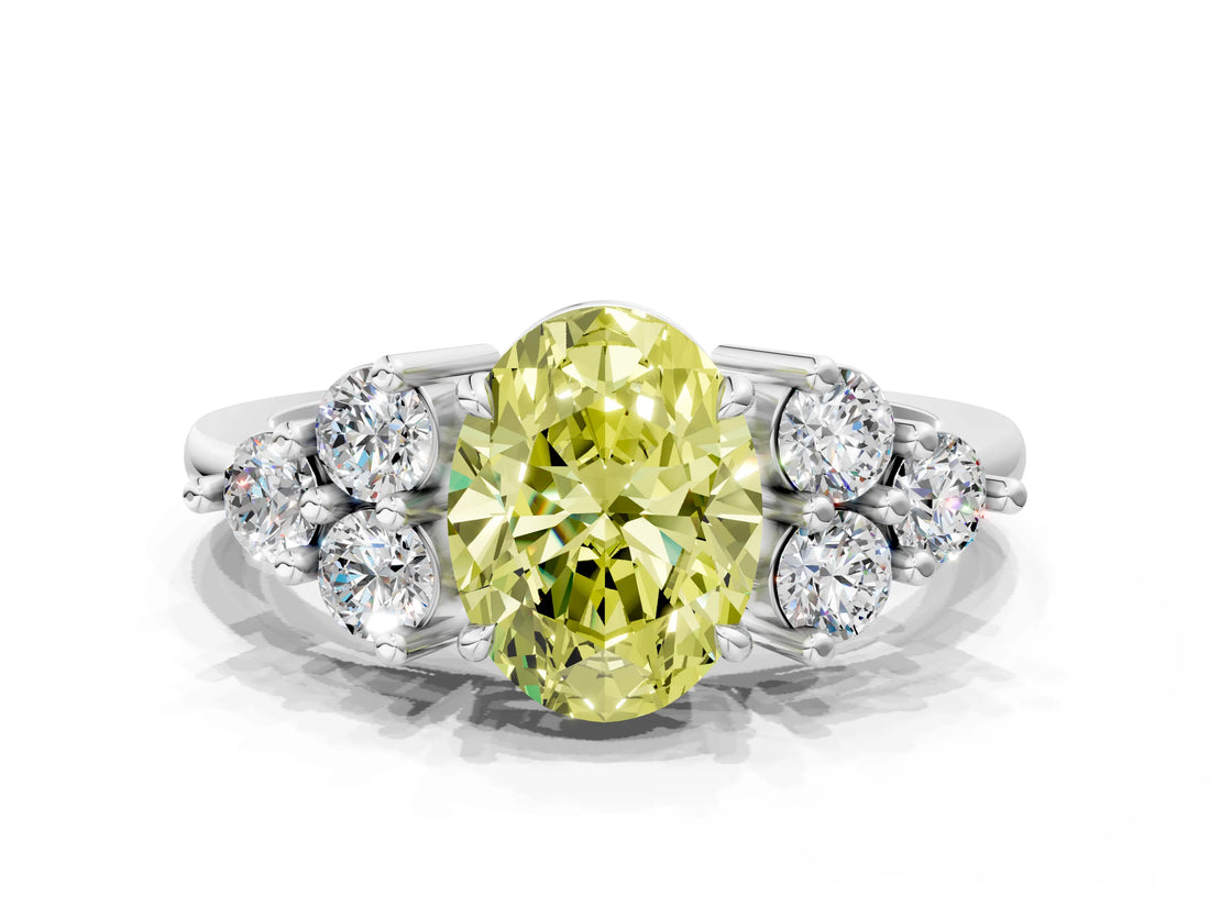 White gold Fancy Yellow Oval Cut Brilliant Diamond Cluster Accent Solitaire Ring with Prong Setting_24
