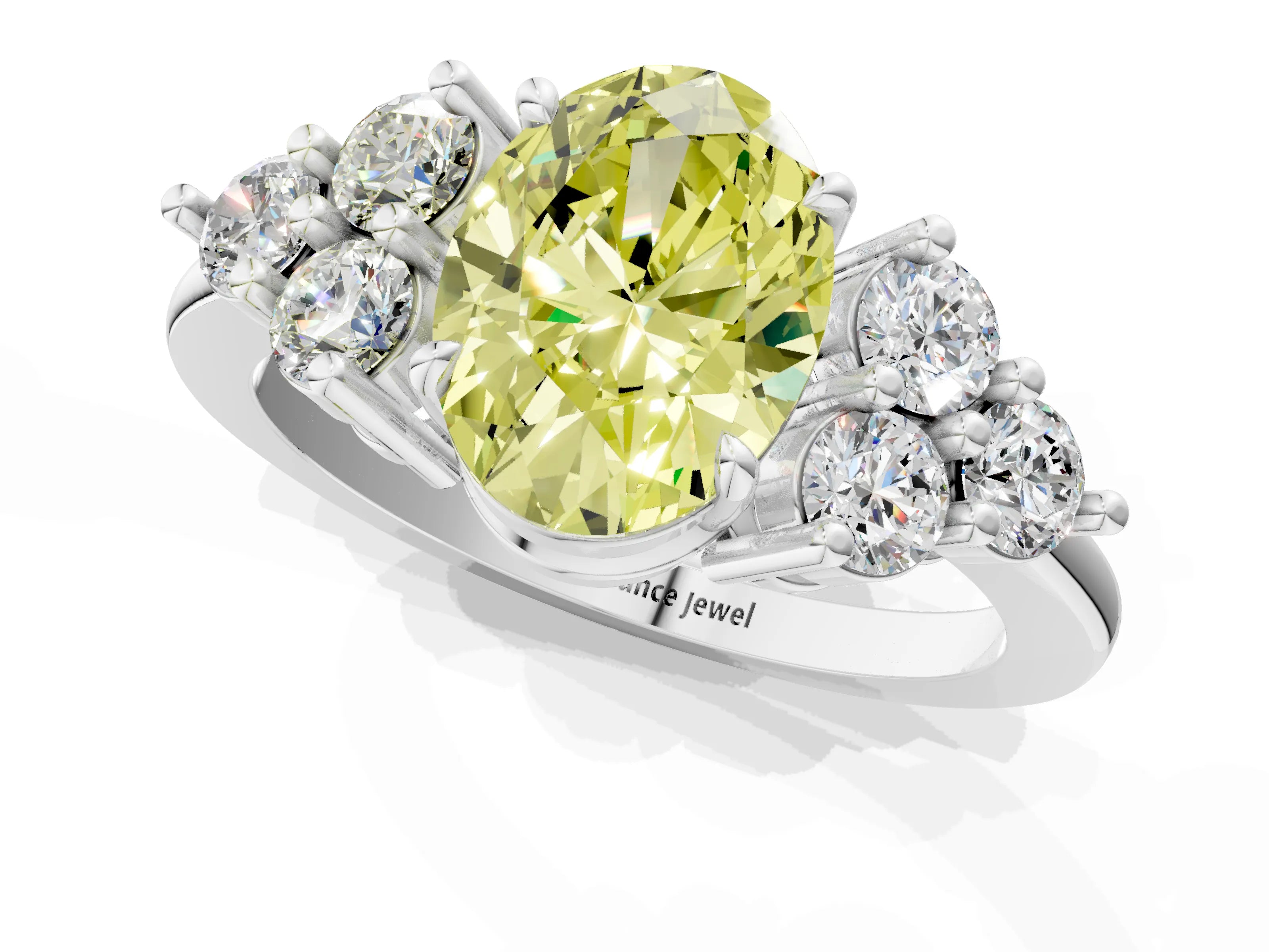 White gold Fancy Yellow Oval Cut Brilliant Diamond Cluster Accent Solitaire Ring with Prong Setting_25