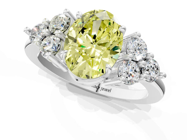 Platinum Oval Cluster Side Stone Engagement Ring Setting for Fancy Yellow Center with Plain Band