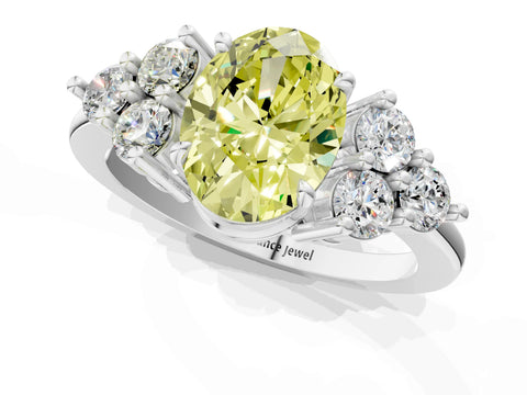 White gold Fancy Yellow Oval Cut Brilliant Diamond Cluster Accent Solitaire Ring with Prong Setting_25