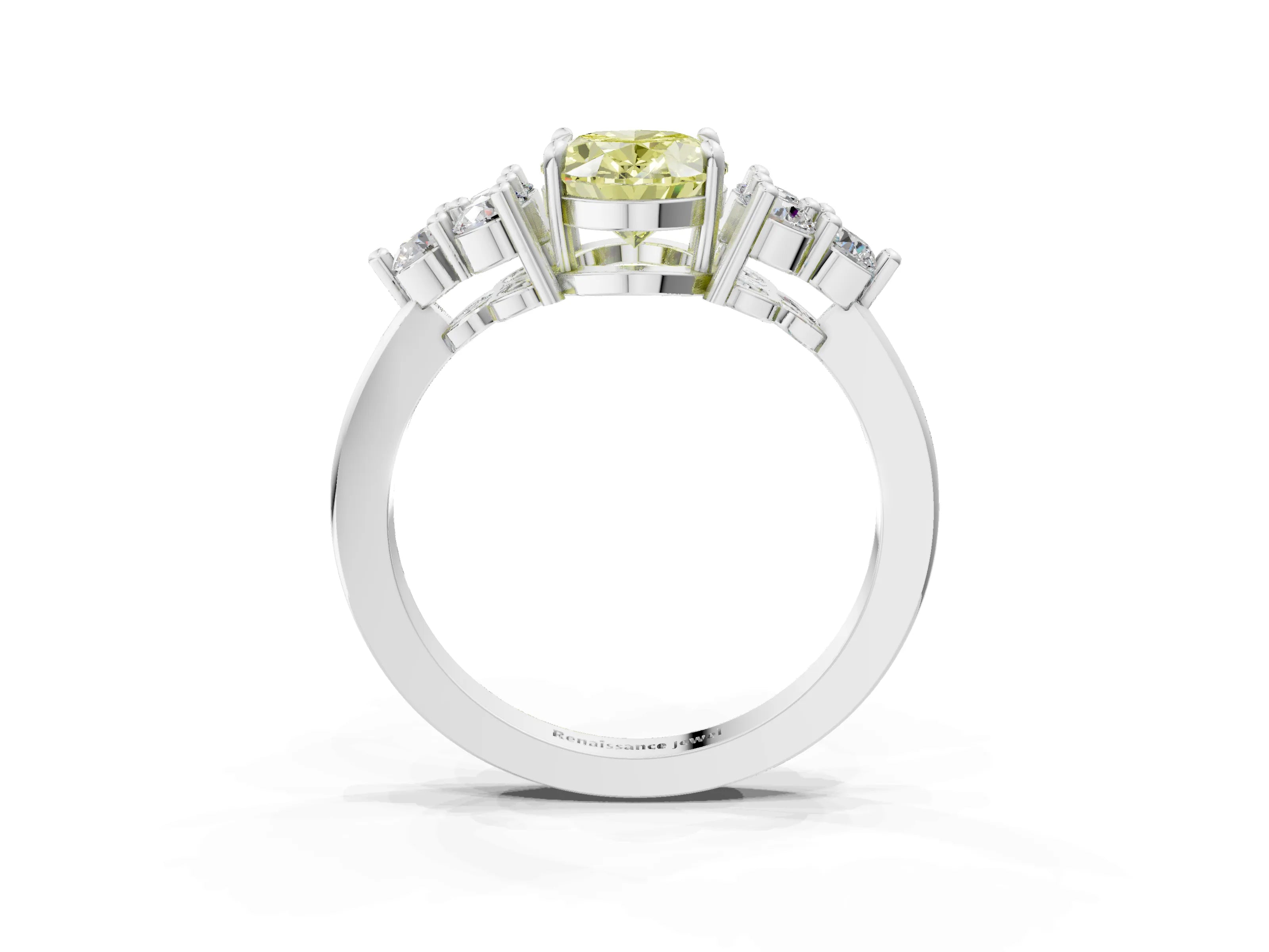 White gold Fancy Yellow Oval Cut Brilliant Diamond Cluster Accent Solitaire Ring with Prong Setting_27