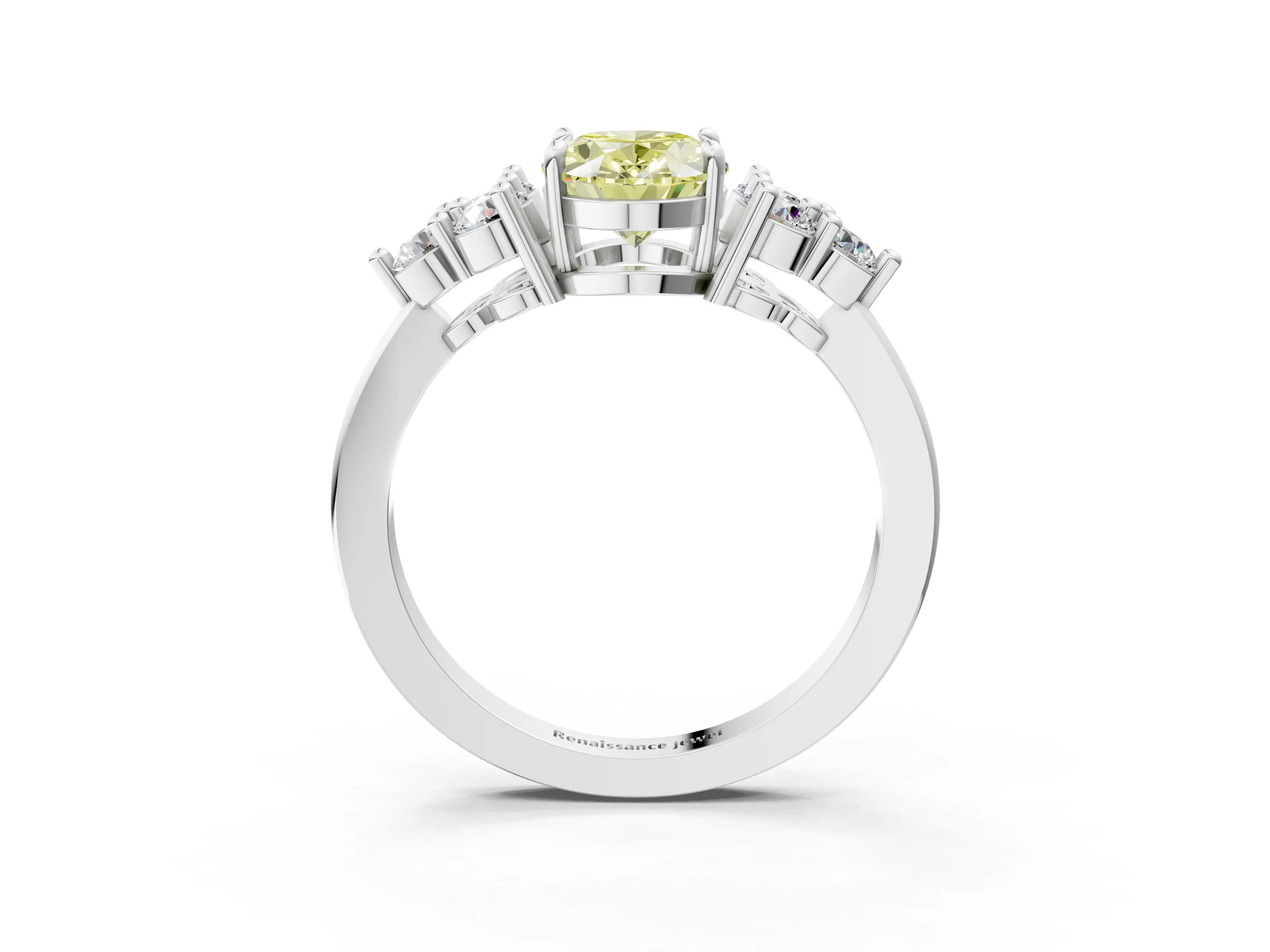 White gold Fancy Yellow Oval Cut Brilliant Diamond Cluster Accent Solitaire Ring with Prong Setting_3