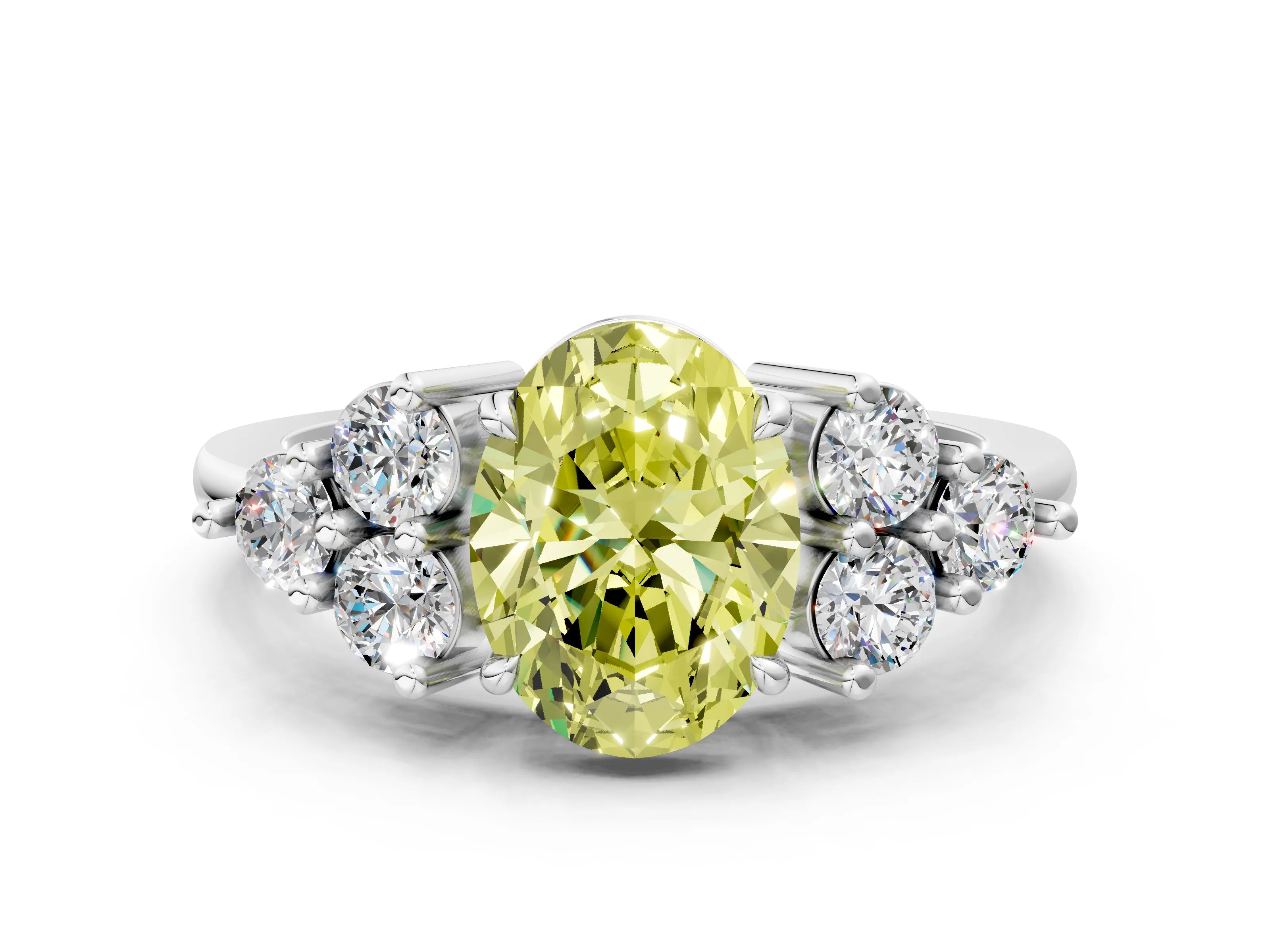 White gold Fancy Yellow Oval Cut Brilliant Diamond Cluster Accent Solitaire Ring with Prong Setting