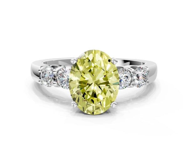White gold Fancy Yellow Oval Cut Brilliant Diamond Five-Stone Engagement Ring with Prong Setting on a Classic Band