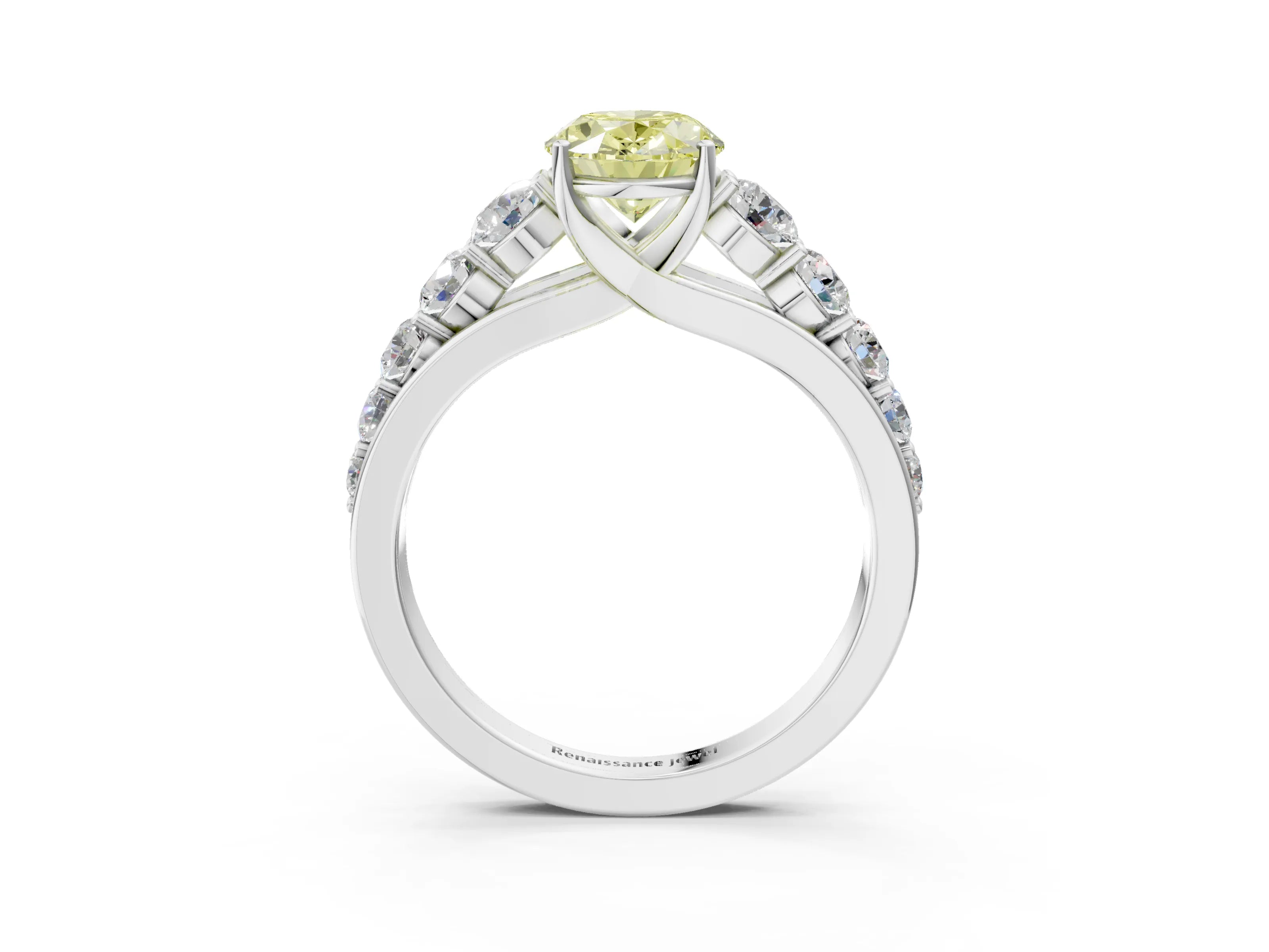 White gold Fancy Yellow Oval Cut Brilliant Diamond Pavé Band with Six-Prong Setting_3
