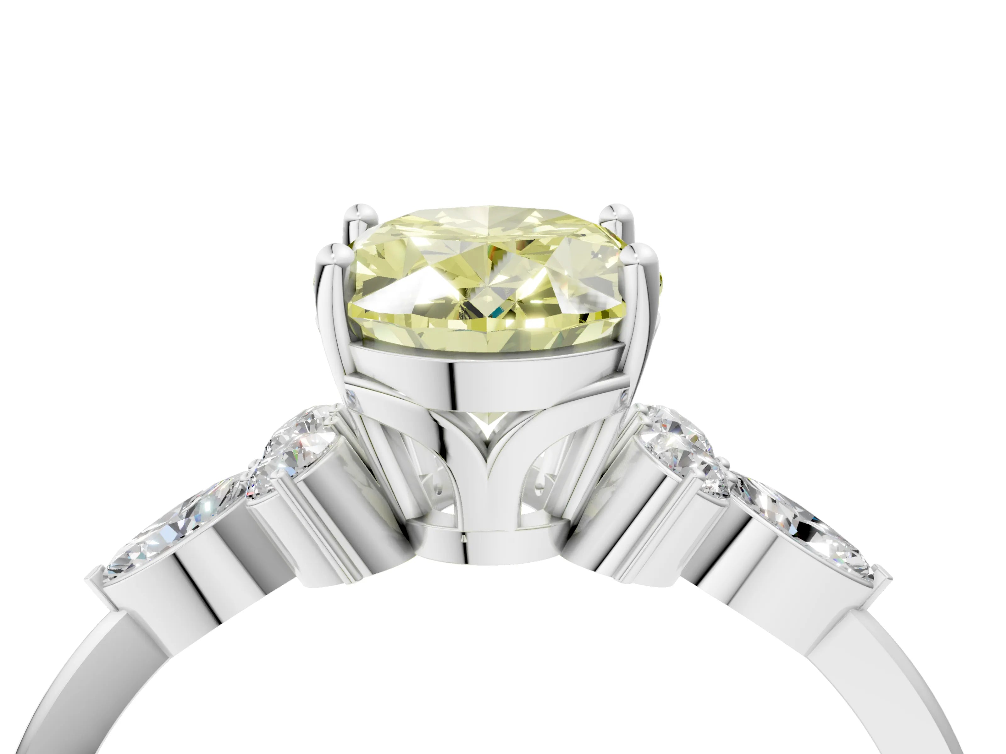 White gold Fancy Yellow Oval Cut Brilliant Diamond Solitaire Ring with Pear Side Stones and Four-Prong Setting_10