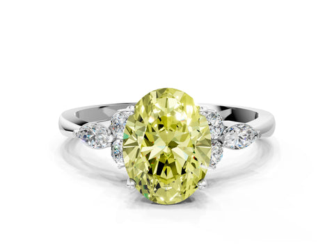 White gold Fancy Yellow Oval Cut Brilliant Diamond Solitaire Ring with Pear Side Stones and Four-Prong Setting_6