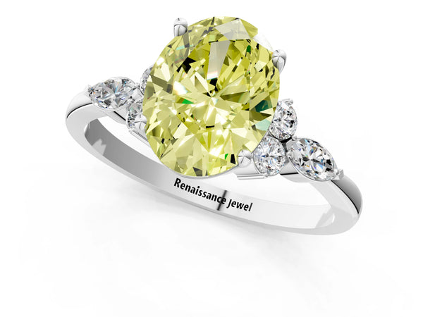 Platinum Fancy Yellow Oval Cut Brilliant Diamond Solitaire Ring with Pear Side Stones and Four-Prong Setting