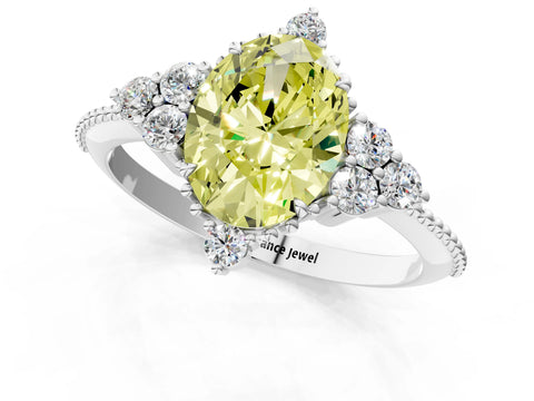 White gold Fancy Yellow Oval Cut Brilliant Diamond with Cluster Setting on a Beaded Band and Four-Prong Setting_19