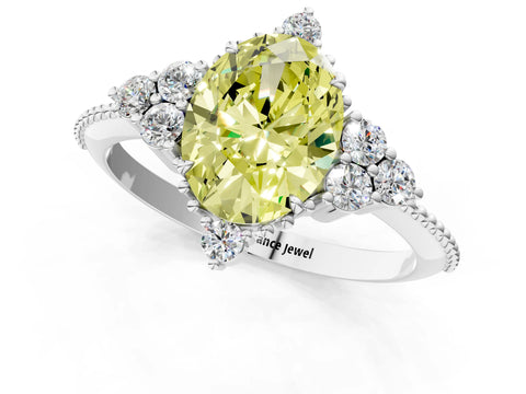 White gold Fancy Yellow Oval Cut Brilliant Diamond with Cluster Setting on a Beaded Band and Four-Prong Setting_1