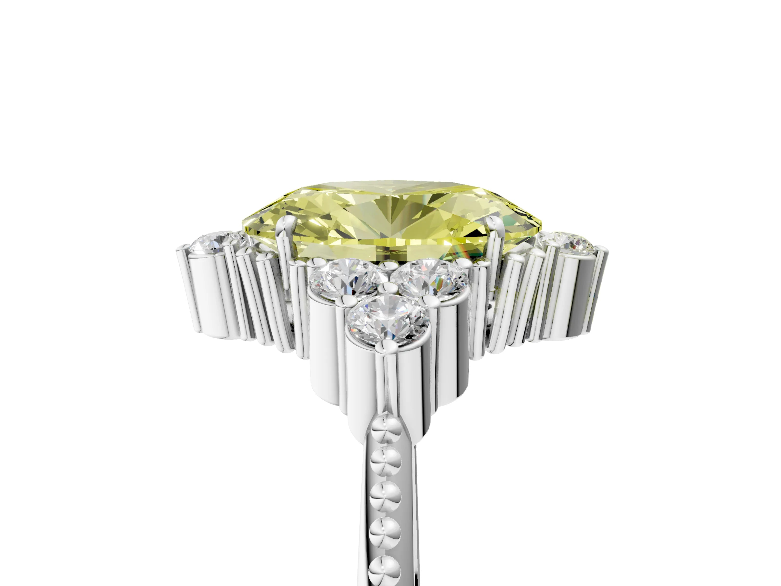 White gold Fancy Yellow Oval Cut Brilliant Diamond with Cluster Setting on a Beaded Band and Four-Prong Setting_23